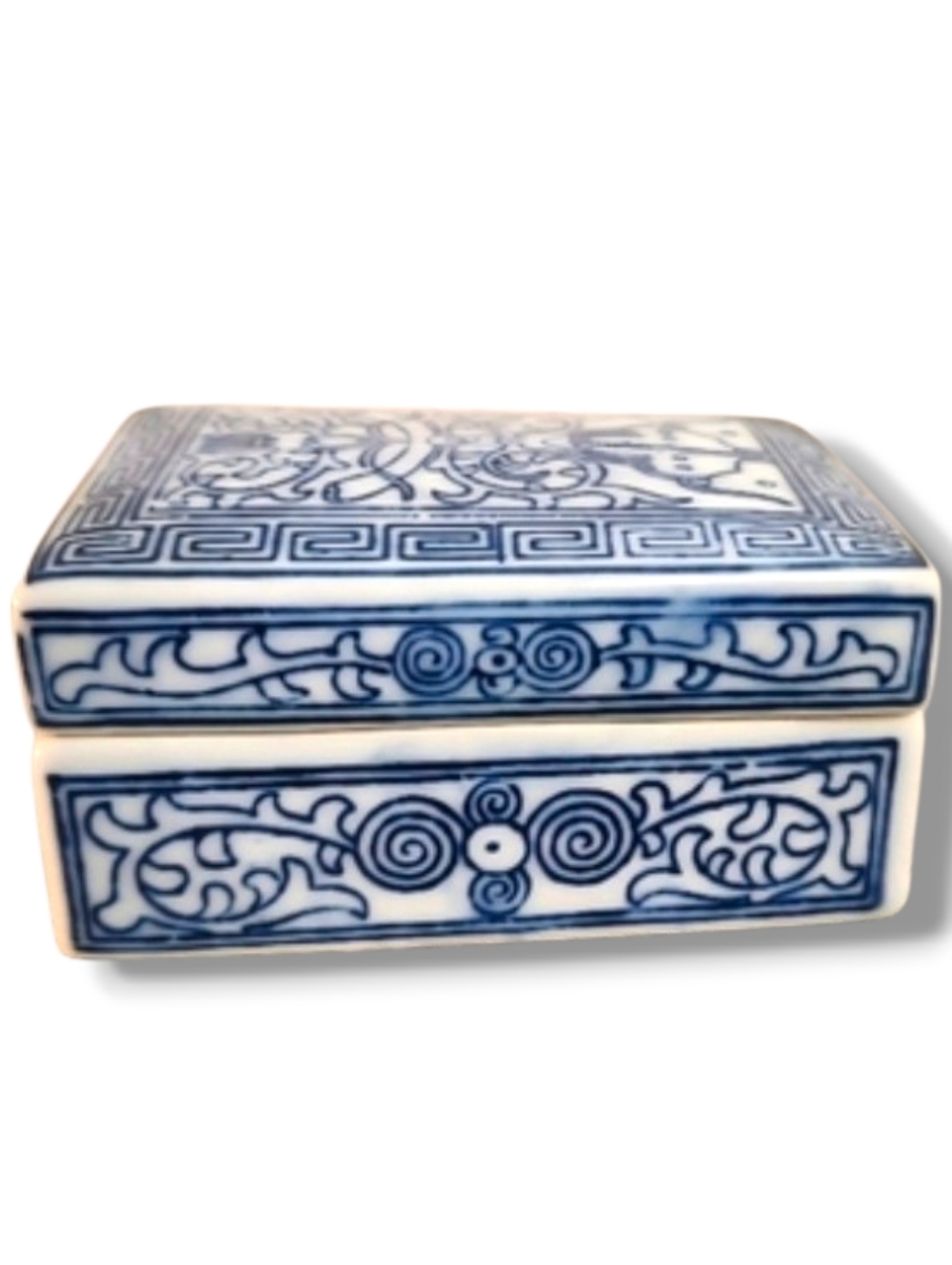 Antique Chinoiserie Blue And White Ceramic Tea Caddy Trinket Jewelry Box W Lid